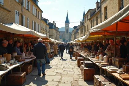 Vide grenier animé sur une place de village dans l'Ain avec des tables couvertes d'objets vintage et des visiteurs qui fouillent