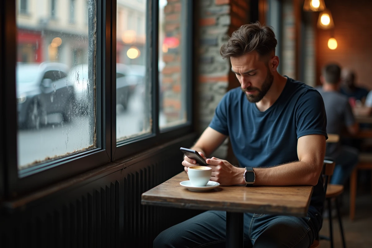 Homme utilisant son téléphone en mode avion dans un café pour visionner des stories Instagram de façon anonyme