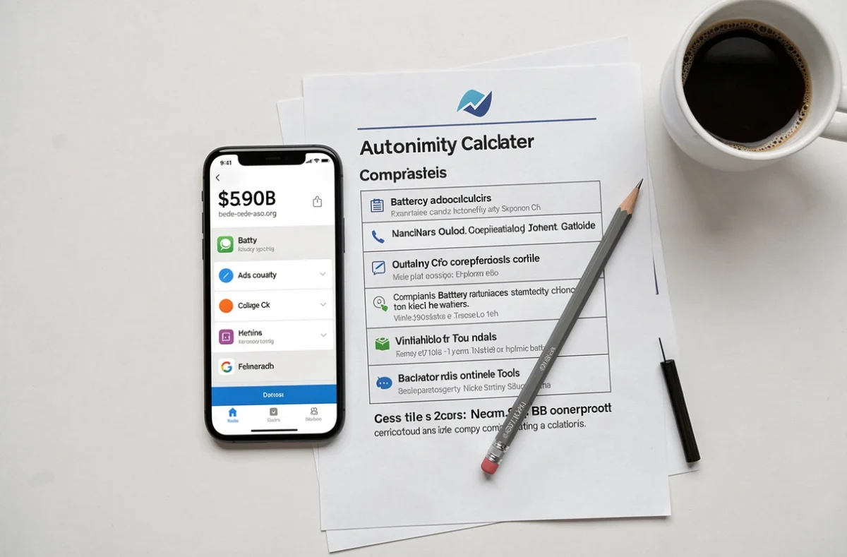 Vue aérienne comparative d'un calculateur d'autonomie batterie sur smartphone et d'un tableau comparatif imprimé